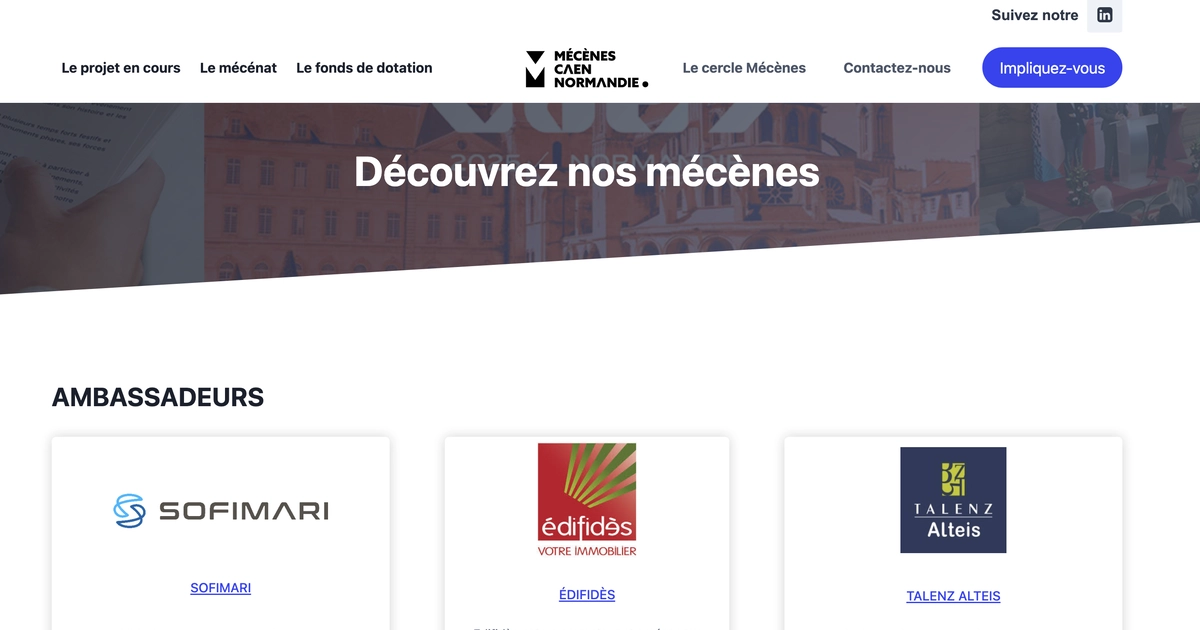 Page partenaires Mécènes Caen Normandie avec logos entreprises catégorisés