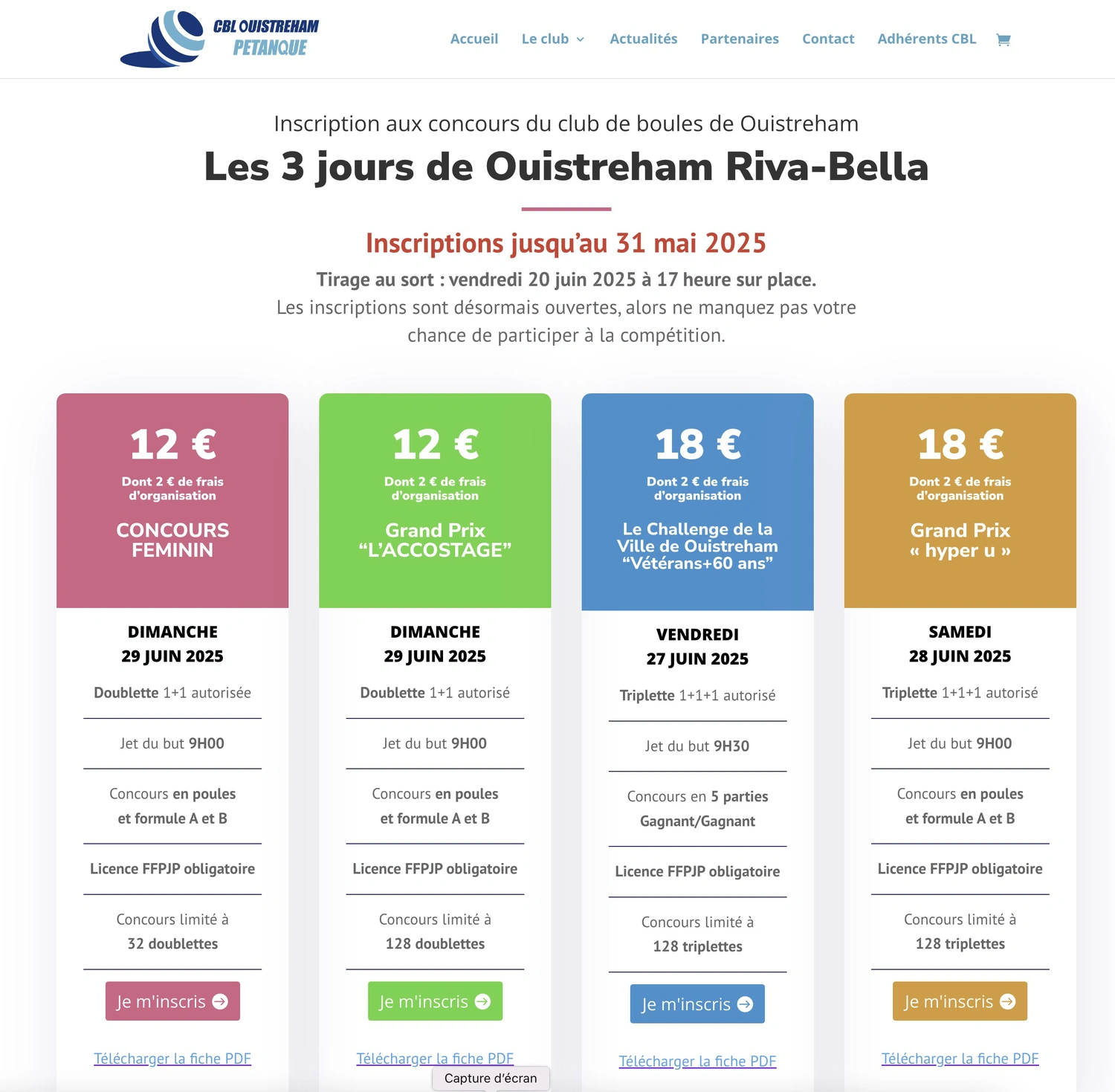 Capture d'écran interface d'inscription en ligne Club de Boule Ouistreham - système WordPress e-commerce