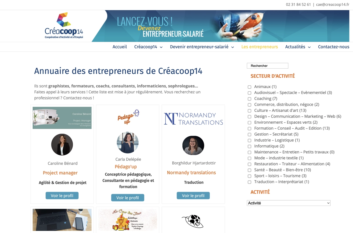 Capture d'écran du moteur de recherche d'adhérents Créacoop14 - interface de recherche avancée