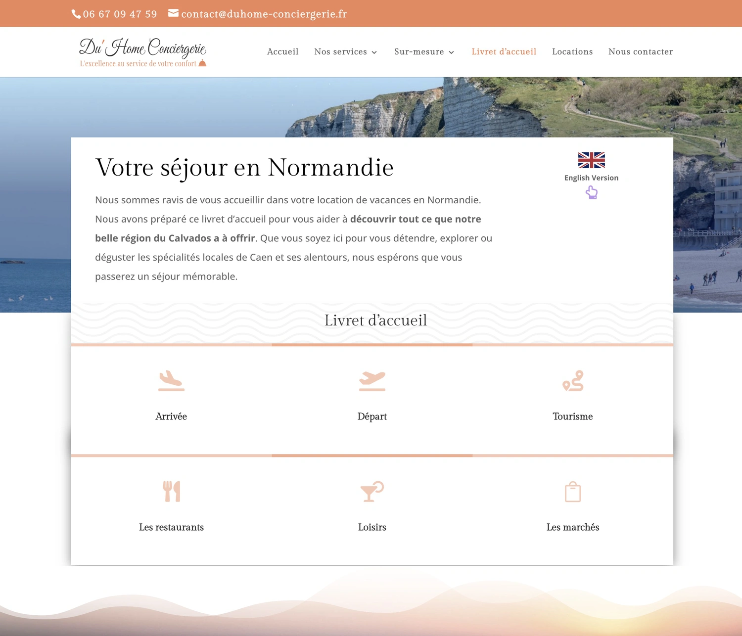 Capture d'écran interface site WordPress DuHome Conciergerie - popups services et navigation intuitive
