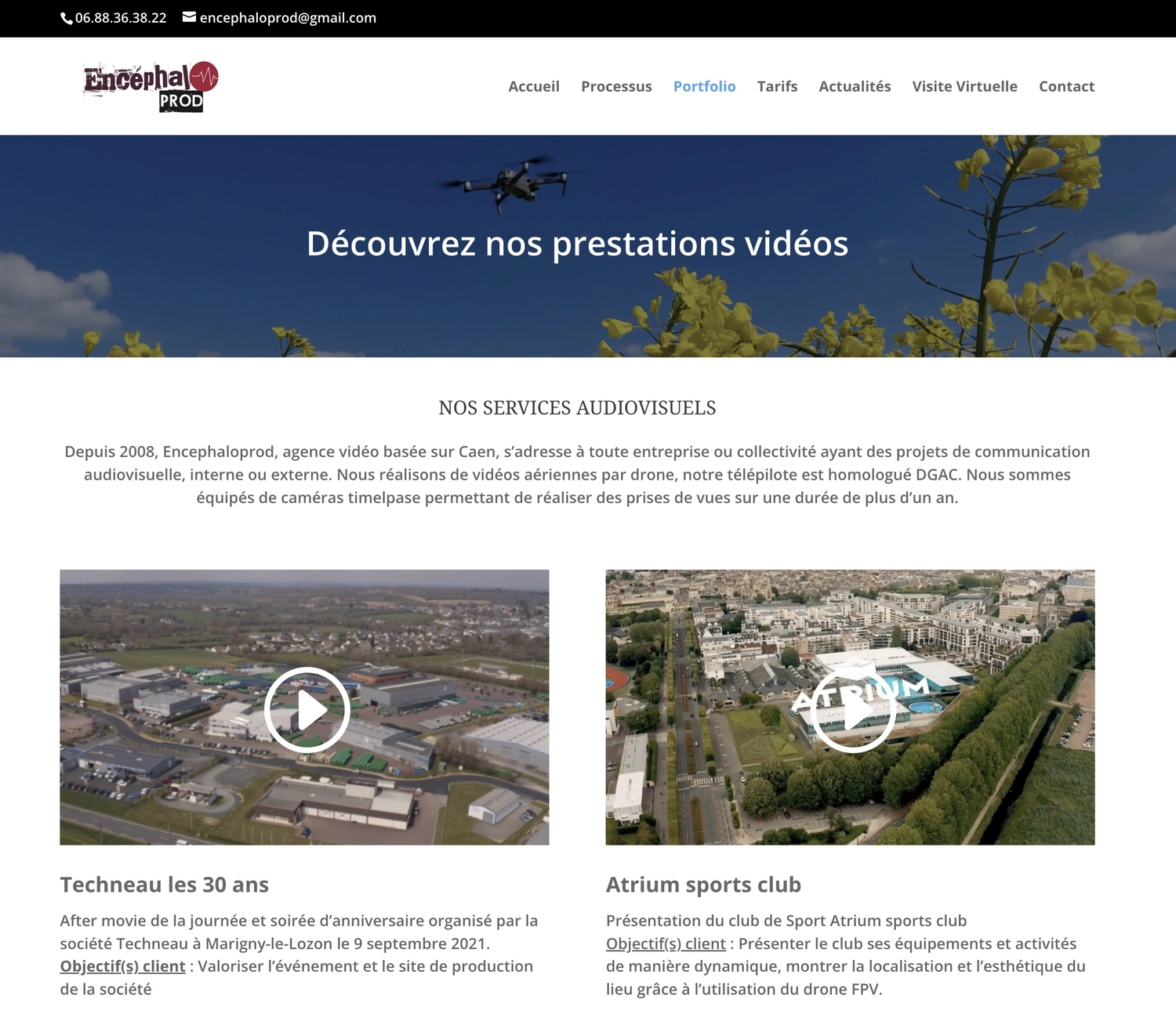 Portfolio vidéo WordPress Encephaloprod - présentation des réalisations par catégorie