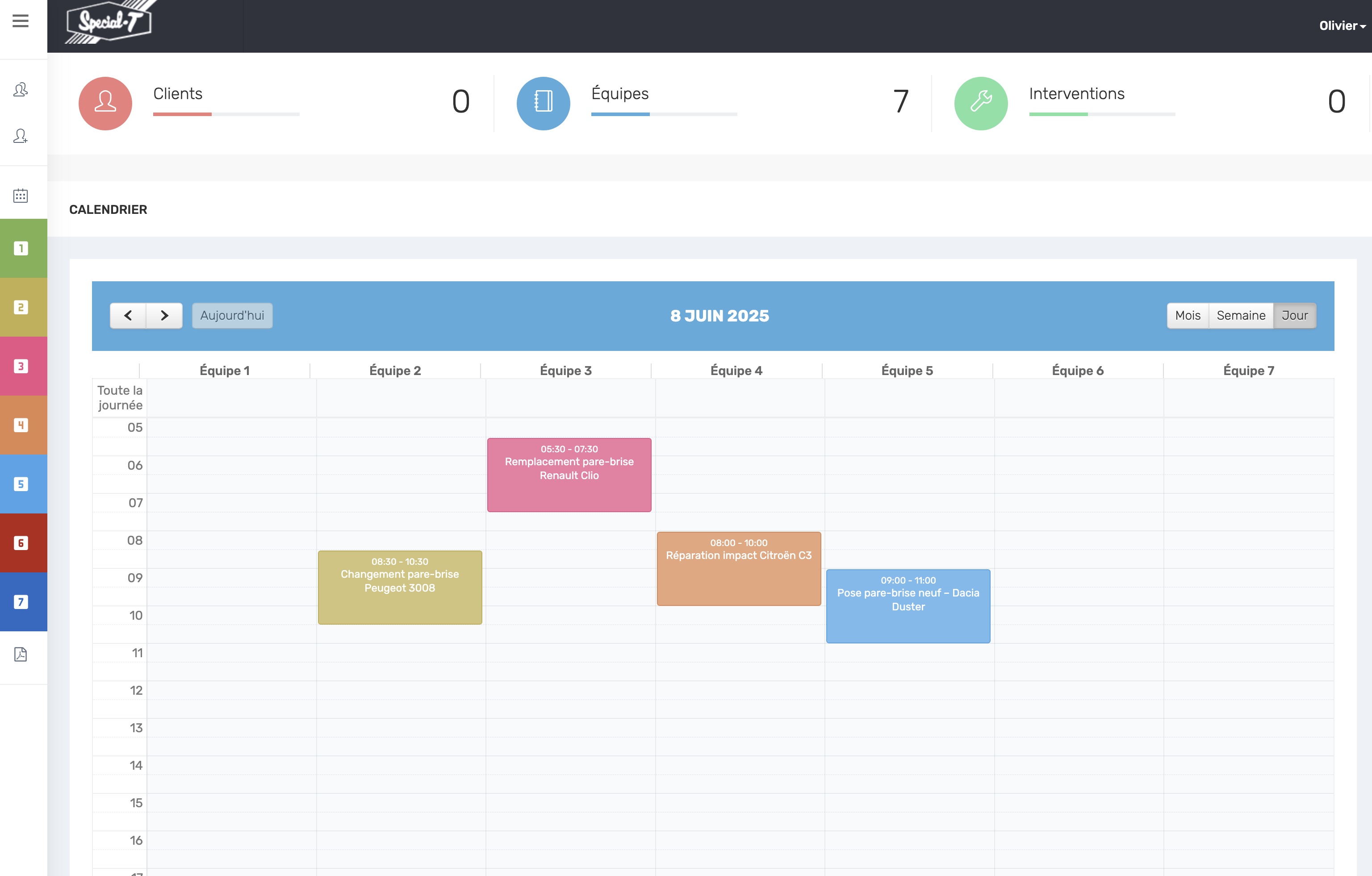 Interface de planification d'équipes en temps réel - Application Spécial-T