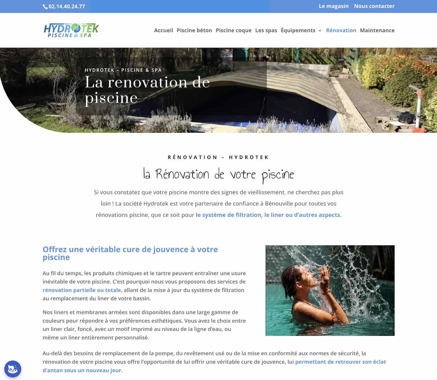 Capture d'écran interface site vitrine Hydrotek pisciniste - design WordPress responsive et moderne