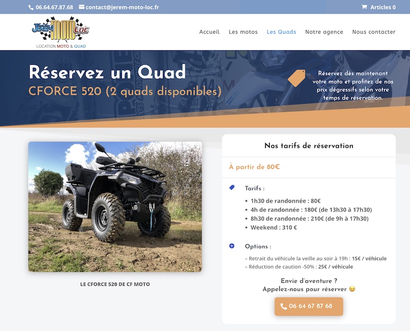 Capture d'écran interface de réservation en ligne Jérom Moto Loc - système WooCommerce