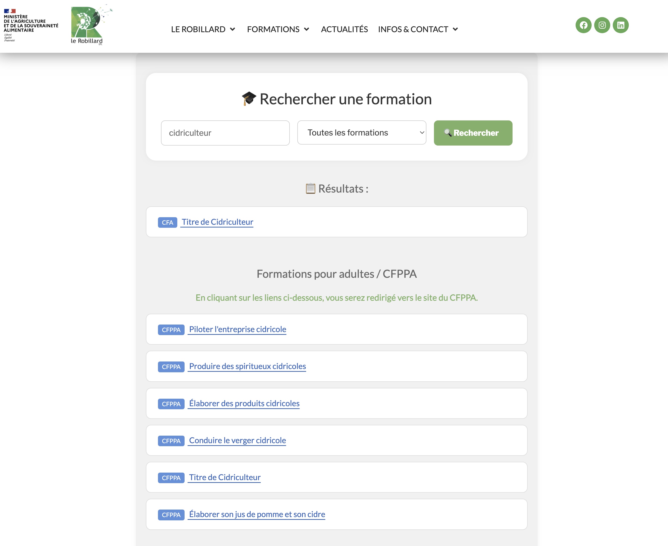 Capture d'écran moteur de recherche formations Le Robillard - interface WordPress