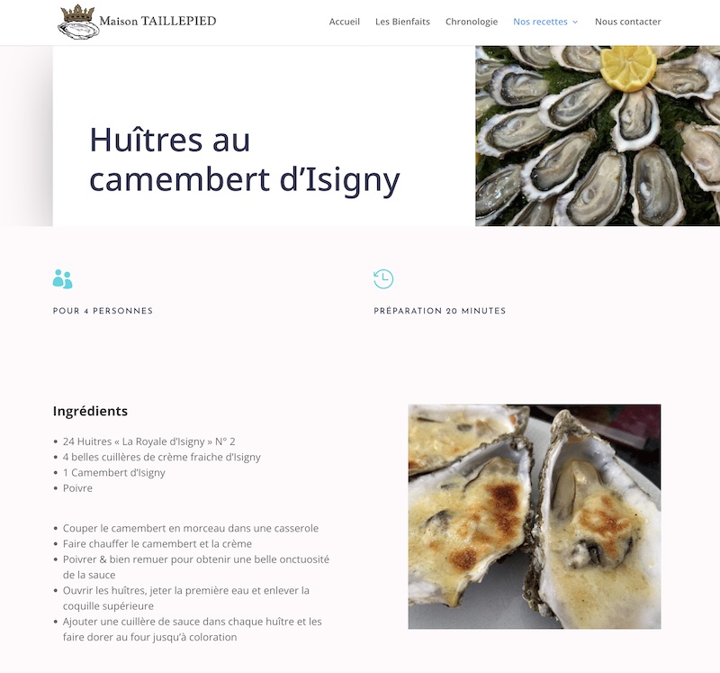 Capture d'écran du site Maison Taille Pied - Page recette huîtres au camembert d'Isigny