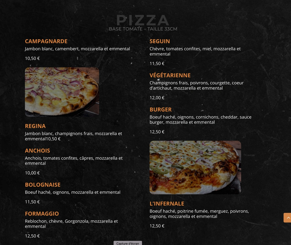 Capture d'écran du menu en ligne Pizza du Hameau - pizzas artisanales avec prix
