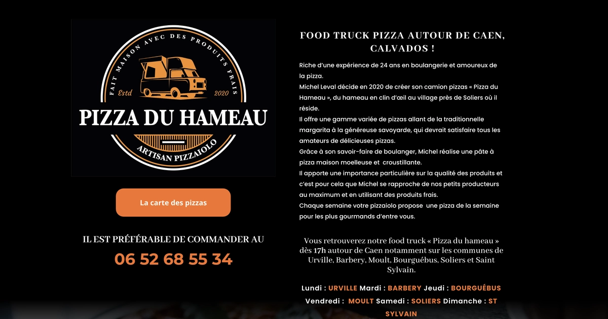 Site vitrine WordPress créé pour Pizza du Hameau - food truck pizzas artisanales autour de Caen par Olivier Leval développeur web