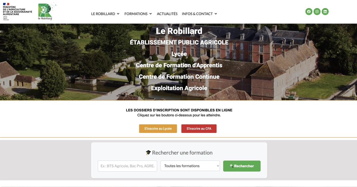 Site WordPress créé pour le lycée agricole Le Robillard - moteur de recherche formations par Olivier Leval développeur web
