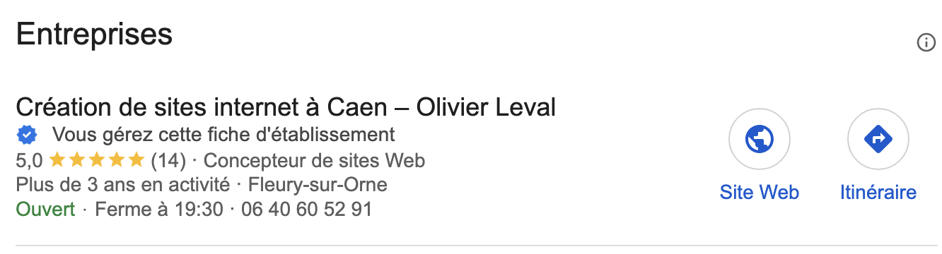 Fiche Google My Business Olivier Leval - Création de sites internet à Caen - Note 5,0 étoiles avec 14 avis clients vérifiés