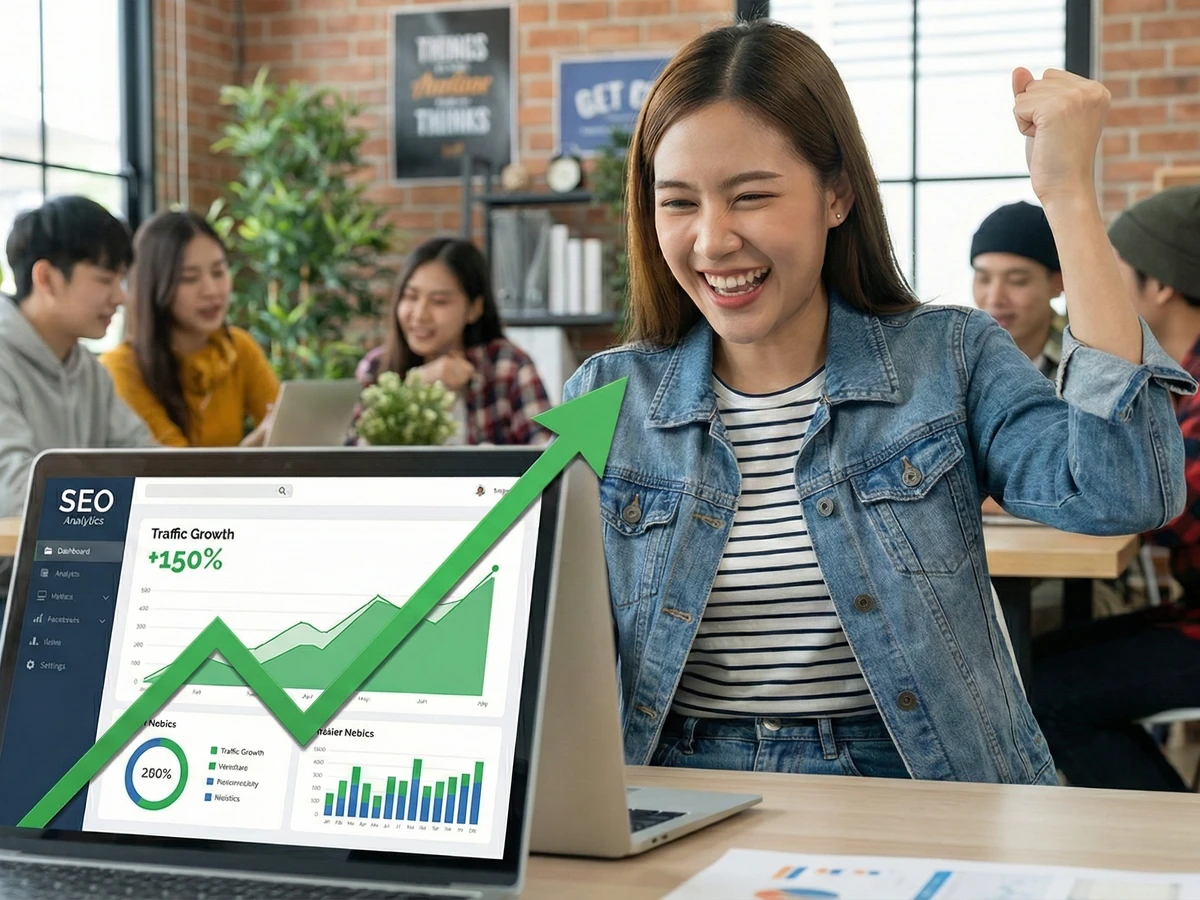Entrepreneur célébrant succès SEO graphique analytics croissance trafic web +120% référencement naturel sans compétences techniques