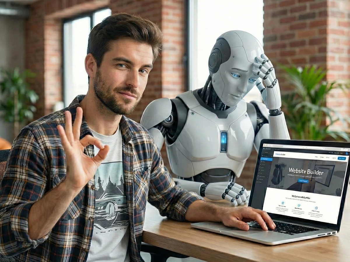 Développeur web confiant robot IA dubitatif création site gratuit intelligence artificielle avantages limites Caen