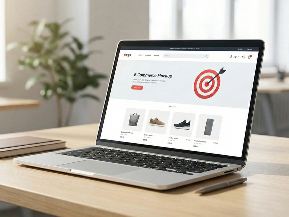Mockup site e-commerce avec cible symbolisant définition objectifs web Caen