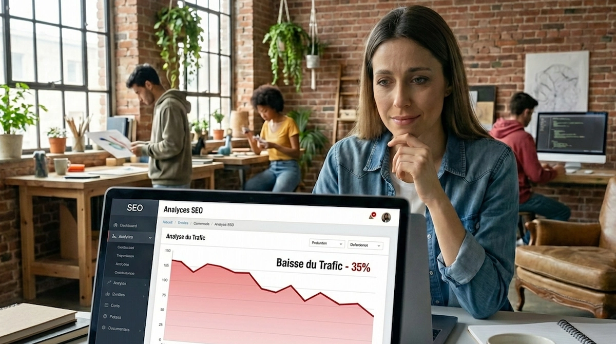 Entrepreneur inquiet graphique SEO déclin trafic -39% erreurs fréquentes création site internet Caen