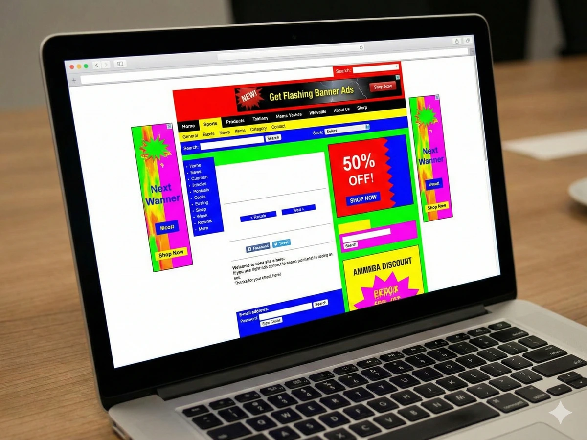 Écran laptop affichant site web années 90 couleurs criardes design obsolète signes refonte site internet