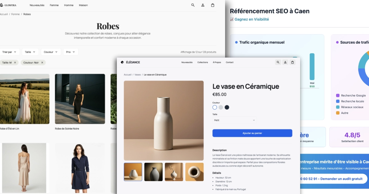 Exemples de sites web professionnels réalisés sur mesure, illustrant le rapport qualité-prix de mes prestations à Caen.